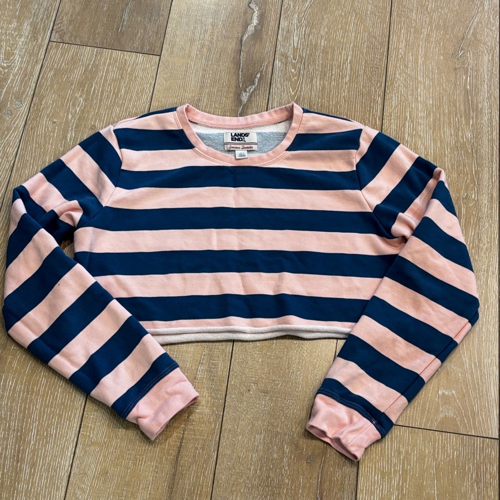 Lands End Serious Sweats Cropped Sweatshirt Pink Navy Blue Striped Girls L 14-16